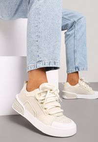 Renee - Beżowe Sneakersy w Stylu Trampek z Szerokimi Sznurówkami na Grubej Podeszwie Sakarias. Kolor: beżowy. Materiał: jeans #1