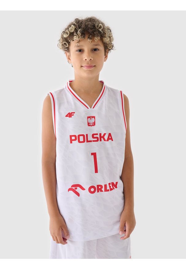 4f - 4F Koszulka reprezentacyjna dziecięca 4F x PZKOSZ 2024 - SOCHAN - biała 110/116. Kolor: wielokolorowy. Materiał: dzianina, włókno, syntetyk, materiał. Długość rękawa: na ramiączkach. Wzór: gładki, nadruk, ze splotem. Sezon: lato. Sport: fitness, koszykówka