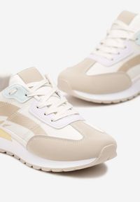 Renee - Beżowo-Białe Sznurowane Sneakersy z Materiałowymi Wstawkami Aneril. Kolor: beżowy. Materiał: materiał