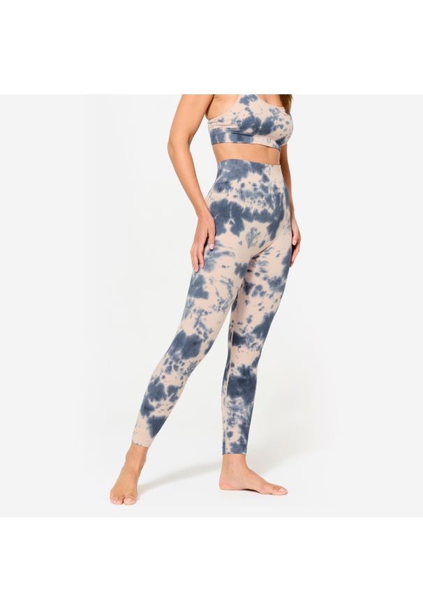 DOMYOS - Legginsy fitness damskie Domyos. Kolor: beżowy, niebieski, wielokolorowy, różowy. Materiał: poliester, bawełna, materiał, elastan. Sport: fitness