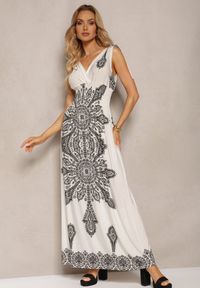 Renee - Beżowo-Czarna Sukienka z Ornamentalnym Wzorem Sznurkami Przy Ramionach i Gumką w Talii Alerada. Kolor: beżowy. Materiał: tkanina. Sezon: lato