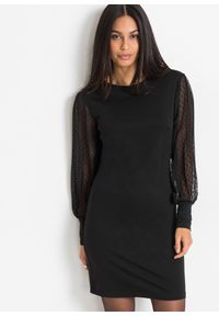bonprix - Sukienka z dżerseju z szyfonowymi rękawami. Kolor: czarny. Materiał: jersey, szyfon. Styl: elegancki