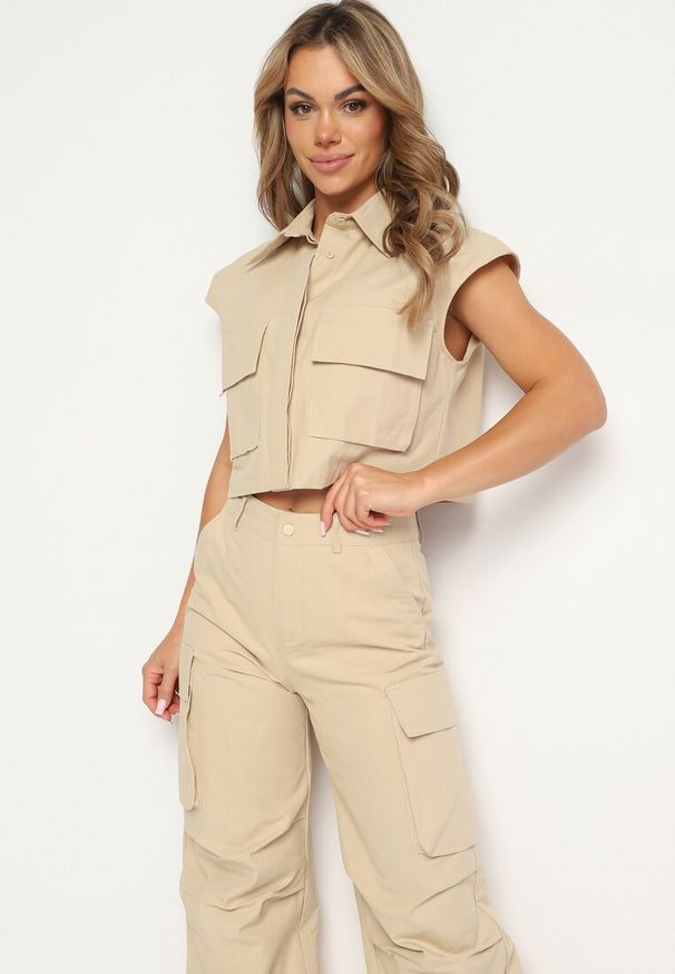 Born2be - Beżowy Bawełniany Komplet w Stylu Utility Koszula na Guziki i Szerokie Spodnie na Suwak i Napę Beclea. Kolor: beżowy. Materiał: bawełna