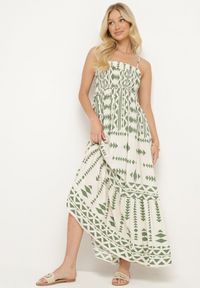 Born2be - Beżowo-Zielona Wiskozowa Marszczona Sukienka na Regulowanych Ramiączkach z Falbanką Dwalea. Okazja: na randkę, na spacer. Typ kołnierza: kołnierz z falbankami. Kolor: beżowy. Materiał: wiskoza. Długość rękawa: na ramiączkach. Sezon: lato. Styl: elegancki, klasyczny #3