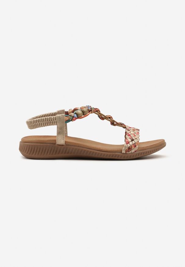 Born2be - Złote Sandały z Koralikami i Plecionymi Paseczkami Lomerae. Okazja: na co dzień. Kolor: złoty. Sezon: lato. Obcas: na obcasie. Styl: boho, elegancki, etno, casual. Wysokość obcasa: niski