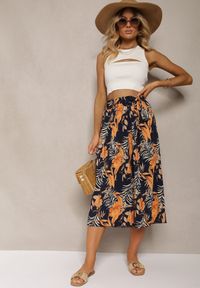 Renee - Granatowo-Pomarańczowe Spodnie High Waist z Szerokimi Nogawkami z Gumką w Talii i Materiałowym Paskiem Berlefia. Stan: podwyższony. Kolor: niebieski. Materiał: materiał. Sezon: lato