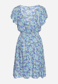 Born2be - Niebieska Bawełniana Sukienka z Gumką w Talii i Dekoltem w Serek o Kwiatowym Wzorze Doradea. Okazja: na co dzień. Typ kołnierza: dekolt w serek. Kolor: niebieski. Materiał: bawełna. Długość rękawa: krótki rękaw. Wzór: kwiaty. Sezon: lato. Styl: wizytowy, casual, elegancki #2