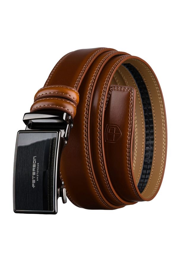 Elegancki, skórzany pasek męski w brązowym kolorze z automatyczną klamrą Peterson PTN A021-AS-BROWN. Kolor: brązowy. Materiał: skóra. Styl: elegancki
