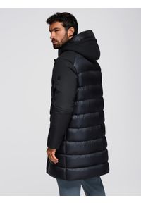 Ombre Clothing - Długa męska pikowana kurtka z dużymi kieszeniami – czarna V1 - Rozmiar: L. Typ kołnierza: kaptur. Kolor: szary. Materiał: syntetyk, tkanina, materiał. Długość: długie. Wzór: gładki #8