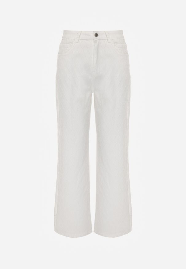 Born2be - Białe Szerokie Jeansy z Bawełną Zdobione Przeszyciami w Romby Biretha. Stan: podwyższony. Kolor: biały. Wzór: aplikacja. Styl: elegancki, klasyczny