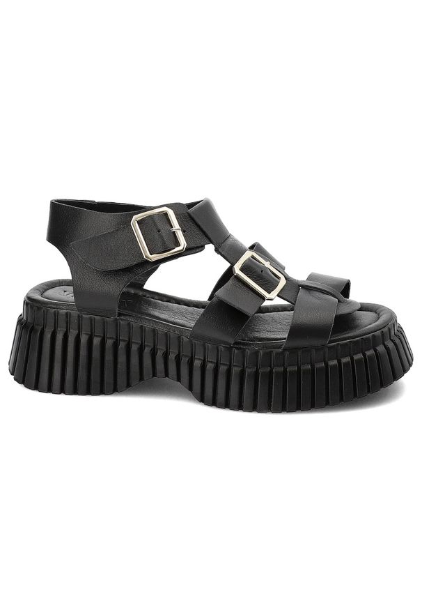 Czarne Sandały Venezia Modne Obuwie Damskie. Okazja: na spacer. Zapięcie: klamry. Kolor: czarny. Materiał: skóra. Wzór: paski. Sezon: lato. Styl: wakacyjny, elegancki