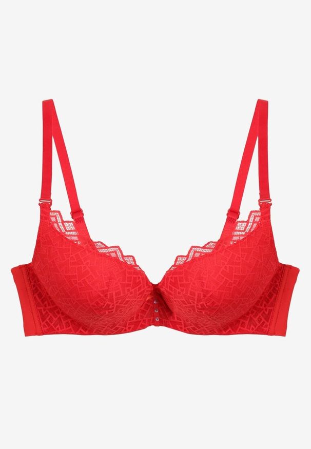 Renee - Czerwony Koronkowy Biustonosz z Efektem Push-Up Dimettra. Kolor: czerwony. Materiał: koronka. Rodzaj stanika: push-up. Wzór: koronka
