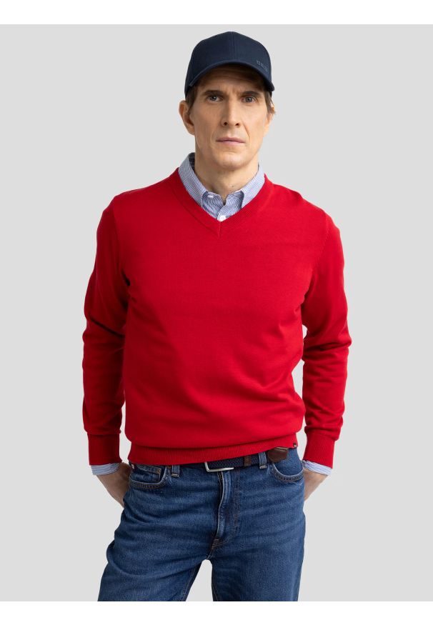 Big-Star - Sweter męski bawełniany z dekoltem v-neck czerwony Vassic 603. Typ kołnierza: dekolt w kształcie V. Kolor: czerwony. Materiał: bawełna. Styl: klasyczny
