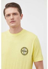 BOSS t-shirt męski kolor żółty z nadrukiem. Kolor: żółty. Materiał: skóra, włókno. Wzór: nadruk