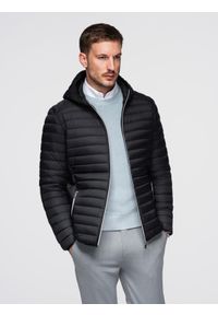 Ombre Clothing - Ultralekka męska kurtka z naturalnym puchem z możliwością schowania w worek – czarna V1 - Rozmiar: S. Kolor: czarny. Materiał: puch. Wzór: aplikacja. Styl: elegancki, sportowy #1