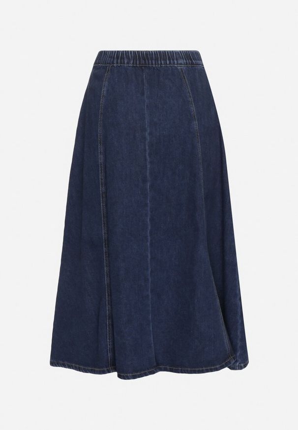 Born2be - Granatowa Rozkloszowana Jeansowa Spódnica z Bawełną Biavira. Okazja: na co dzień. Kolor: niebieski. Materiał: bawełna, jeans. Styl: casual, klasyczny