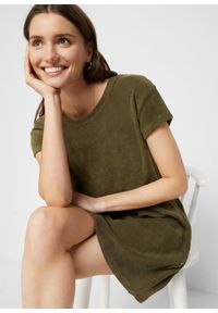bonprix - Sukienka t-shirtowa z frottee. Kolor: zielony. Długość rękawa: krótki rękaw #1