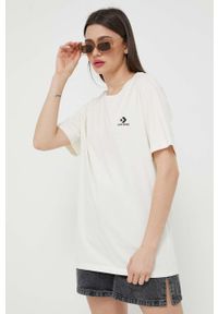 Converse t-shirt bawełniany kolor beżowy z aplikacją. Kolor: beżowy. Materiał: bawełna. Długość rękawa: krótki rękaw. Długość: krótkie. Wzór: aplikacja. Styl: klasyczny #8