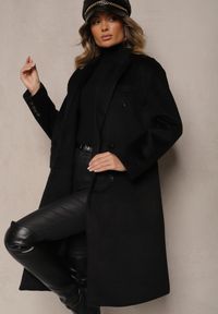Renee - Czarny Klasyczny Płaszcz Dwurzędowy z Kieszeniami Tereti. Okazja: na co dzień. Kolor: czarny. Materiał: jeans. Styl: klasyczny #3