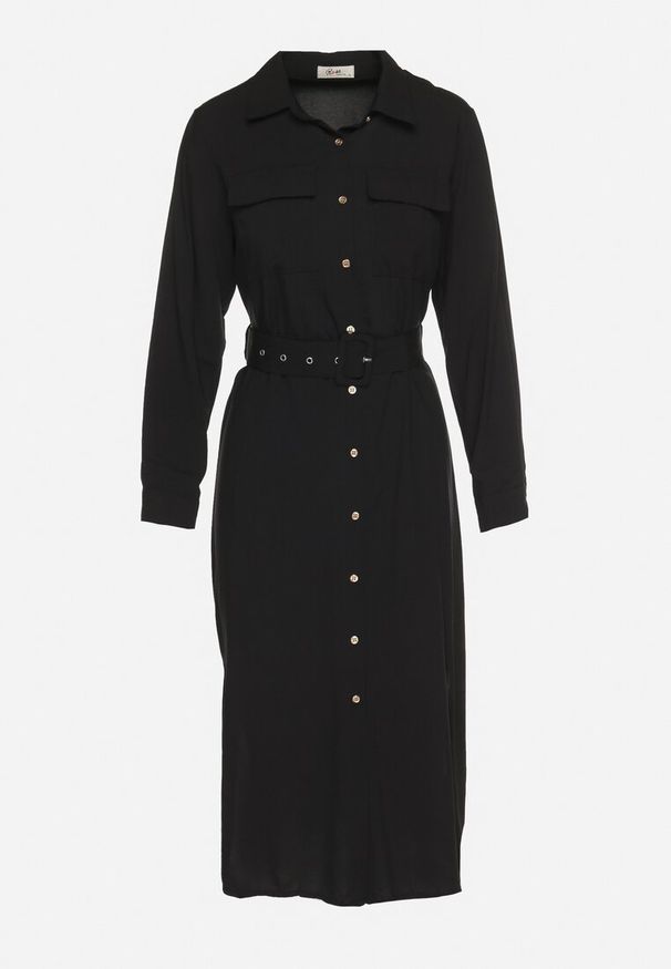 Born2be - Czarna Koszulowa Sukienka Rozkloszowana Ozdobiona Kieszeniami z Klapami i Paskiem Rinnella. Kolor: czarny. Wzór: aplikacja. Typ sukienki: koszulowe. Styl: klasyczny