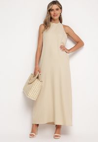 Born2be - Beżowa Sukienka z Wiązaniem na Szyi i Kieszeniami o Trapezowym Kroju Nestatasha. Kolor: beżowy. Typ sukienki: trapezowe #6