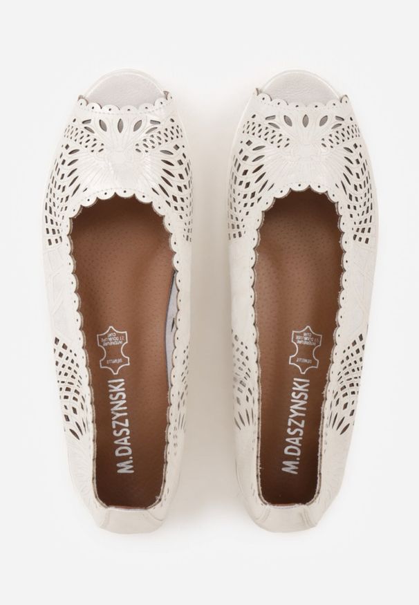 Born2be - Białe Ażurowe Balerinki ze Skóry Naturalnej z Odkrytymi Noskami Prisira. Okazja: do pracy, na co dzień. Kolor: biały. Materiał: skóra. Szerokość cholewki: normalna. Wzór: ażurowy. Styl: casual