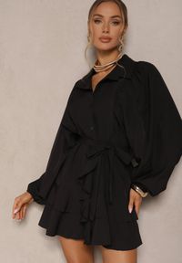 Renee - Czarna Rozkloszowana Sukienka z Falbanami i Paskiem Divanessa. Okazja: na co dzień. Kolor: czarny. Materiał: materiał. Typ sukienki: proste, rozkloszowane. Styl: casual #4
