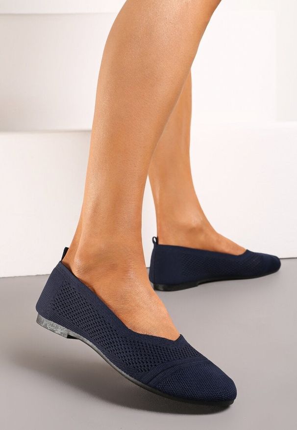 Renee - Granatowe Płaskie Balerinki z Siateczkowego Materiału Nelibra. Okazja: na co dzień, na spotkanie biznesowe. Kolor: niebieski. Materiał: materiał. Styl: elegancki, biznesowy, casual