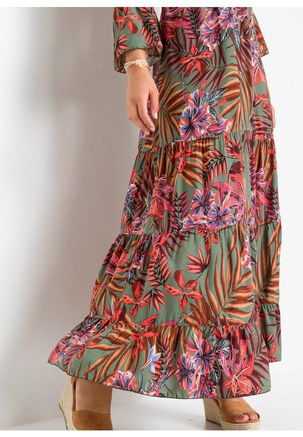 bonprix - Długa sukienka z lejącej wiskozy. Kolor: zielony. Materiał: wiskoza. Wzór: nadruk, kwiaty. Sezon: lato. Długość: maxi