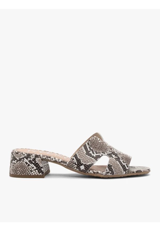 Ryłko - Klapki damskie we wzór węża z wycięciami. Kolor: szary. Materiał: skóra. Wzór: motyw zwierzęcy. Obcas: na obcasie. Styl: street. Wysokość obcasa: średni