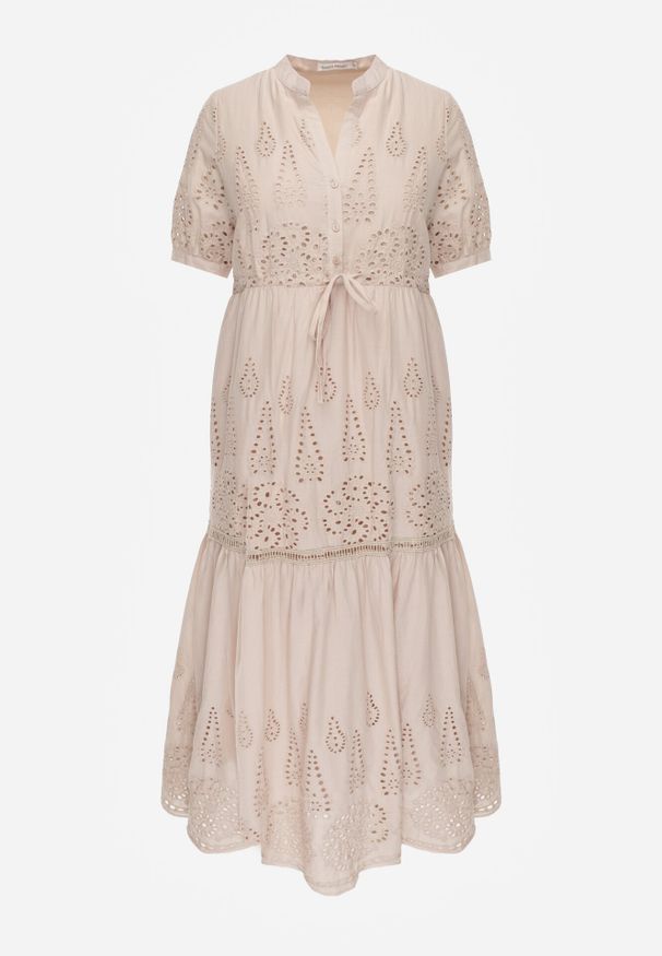 Born2be - Beżowa Haftowana Sukienka Maxi ze Ściągaczem w Talii Erlina. Kolor: beżowy. Materiał: tkanina. Wzór: haft. Sezon: lato. Długość: maxi