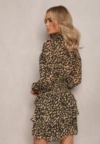 Renee - Beżowo-Zielona Mini Sukienka o Rozkloszowanym Fasonie Ozdobiona Brokatem Giannes. Kolor: beżowy. Materiał: dzianina. Wzór: aplikacja. Długość: mini #5