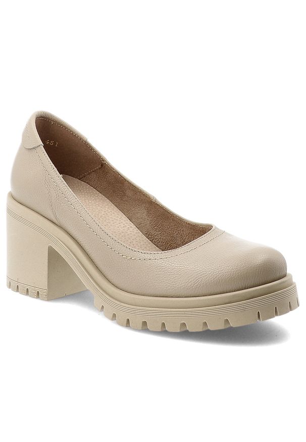 Półbuty damskie Armodo, cholewka ze skóry naturalnej o gładkim wykończeniu, klasyczna linia z zaokrąglonym noskiem, stabilny obcas osadzony na grubej. Okazja: na co dzień. Kolor: beżowy. Materiał: skóra. Szerokość cholewki: normalna. Wzór: gładki. Obcas: na obcasie. Styl: klasyczny. Wysokość obcasa: średni