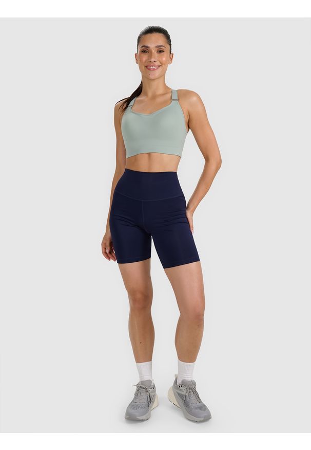 4f - 4F Biustonosz treningowy z wysokim wsparciem - zielony S. Kolor: zielony. Materiał: guma, elastan, materiał, włókno, syntetyk. Wzór: gładki, ze splotem. Sport: bieganie, fitness