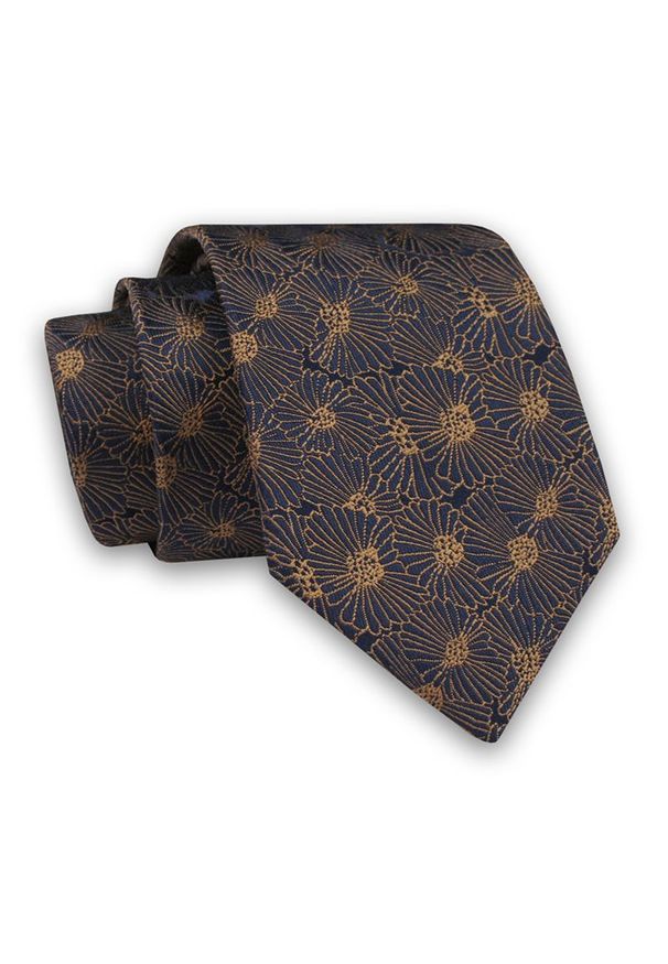 Alties - Granatowo-Brązowy Elegancki Męski Krawat -ALTIES- 7cm, Stylowy, Klasyczny, w Kwiatki, Florystyczny. Kolor: niebieski, beżowy, brązowy, wielokolorowy. Materiał: tkanina. Wzór: kwiaty. Styl: klasyczny, elegancki