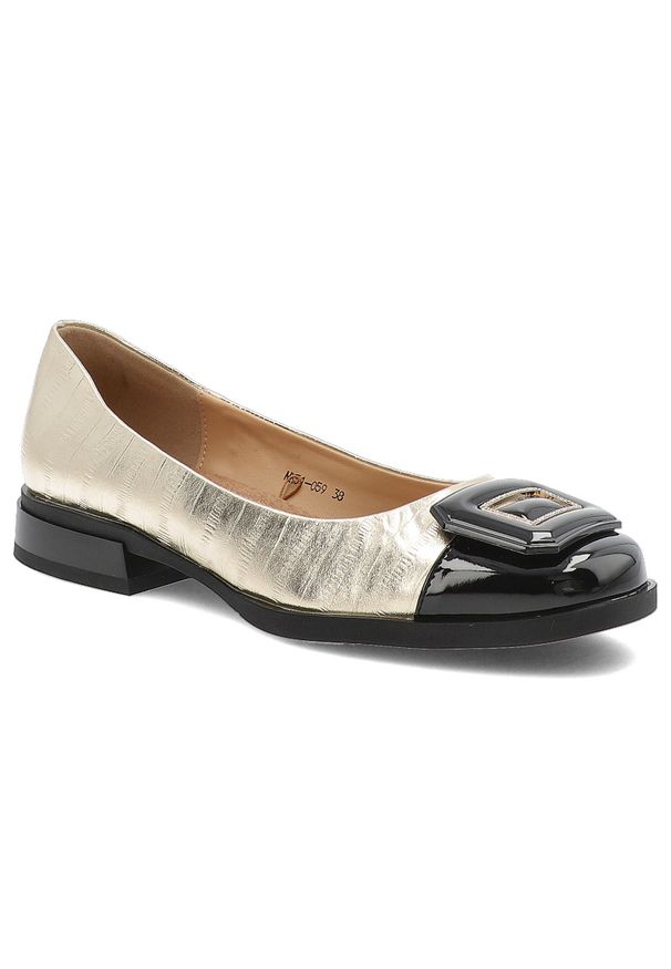 Złote Baleriny S.Barskie Wsuwane Modne Obuwie Damskie. Okazja: na spotkanie biznesowe. Zapięcie: bez zapięcia. Kolor: złoty. Materiał: lakier. Szerokość cholewki: normalna. Obcas: na obcasie. Styl: elegancki, biznesowy. Wysokość obcasa: średni