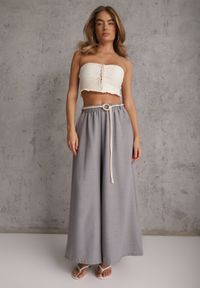 Renee - Szare Wiskozowe Spodnie Typu Palazzo High Waist Ozdobione Paskiem Sznurkiem Alemea. Okazja: na co dzień. Stan: podwyższony. Kolor: szary. Materiał: wiskoza. Długość: krótkie. Wzór: aplikacja. Styl: boho, casual #5