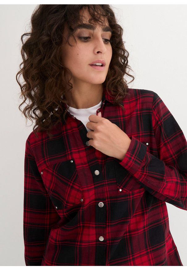 bonprix - Bluzka bawełniana w kratę. Kolor: czerwony. Materiał: bawełna