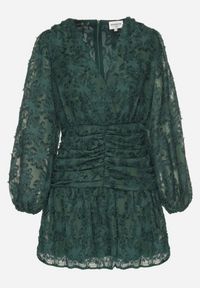 Born2be - Ciemnozielona Koronkowa Sukienka z Kopertowym Dekoltem i Marszczeniami Labisse. Kolor: zielony. Materiał: koronka. Typ sukienki: kopertowe. Styl: klasyczny #2