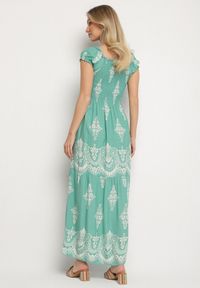 Born2be - Jasnozielona Wiskozowa Sukienka z Marszczoną Góra i Wzorem Boho Ellifae. Okazja: na co dzień. Kolor: zielony. Materiał: wiskoza. Wzór: aplikacja. Styl: boho #5