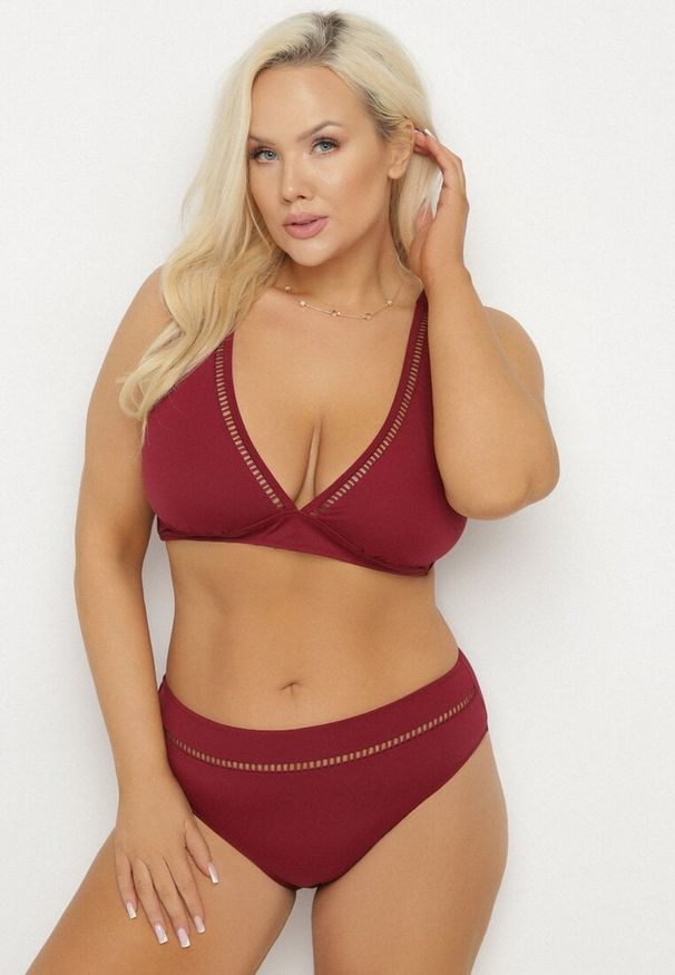 Born2be - Bordowe Bikini Biustonosz i Majtki Typu Figi z Ażurowym Wzorem Lunella. Kolor: czerwony. Wzór: ażurowy