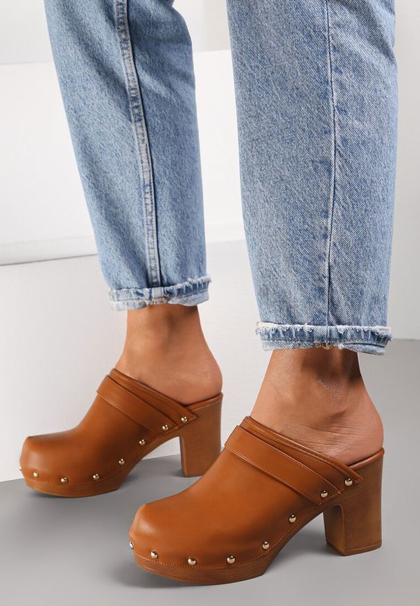 Renee - Brązowe Klapki Mihthra. Okazja: na co dzień. Nosek buta: okrągły. Kolor: brązowy. Wzór: aplikacja. Obcas: na słupku. Styl: boho, casual