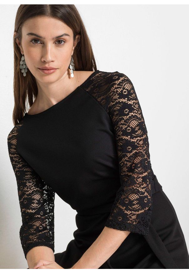 bonprix - Sukienka z dżerseju z rękawami koronkowymi. Kolor: czarny. Materiał: jersey, koronka