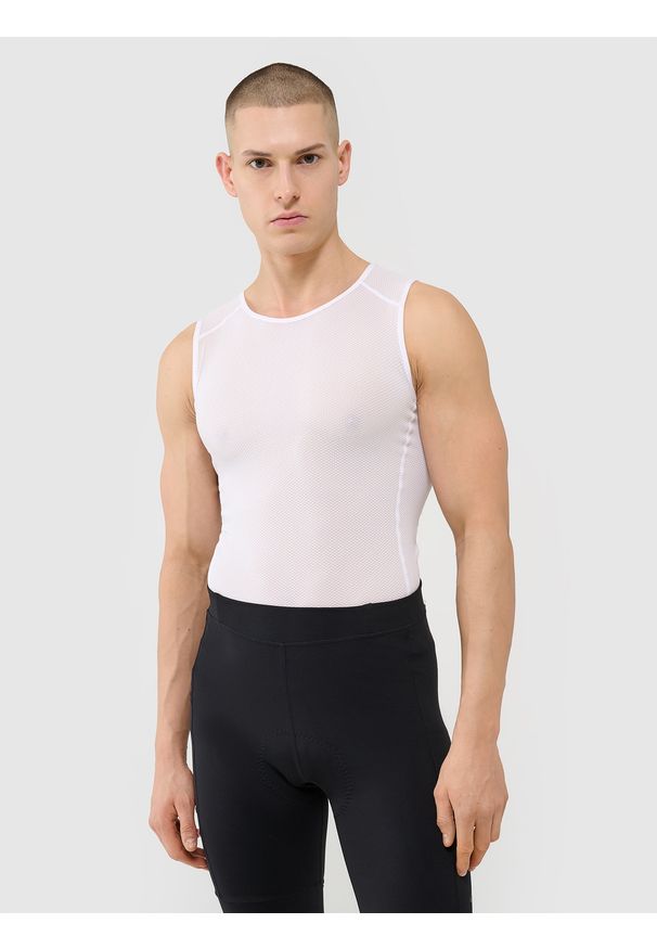 4f - Tank top rowerowy szybkoschnący męski - biały. Kolor: biały. Materiał: syntetyk, materiał, elastan, włókno, dzianina. Długość rękawa: bez rękawów. Długość: krótkie. Wzór: jednolity, gładki, ze splotem. Sport: kolarstwo