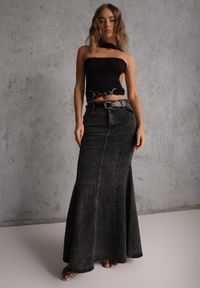 Renee - Czarna Spódnica Syrenka z Bawełny Jeansowa High Waist z Paskiem Appala. Okazja: na co dzień. Stan: podwyższony. Kolor: czarny. Materiał: bawełna, jeans. Styl: casual, elegancki #1