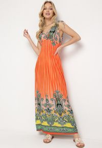 Born2be - Pomarańczowa Sukienka z Troczkami w Ramionach Rozkloszowana z Dekoltem w V Araxeda. Typ kołnierza: dekolt w kształcie V. Kolor: pomarańczowy. Sezon: lato. Styl: elegancki #5