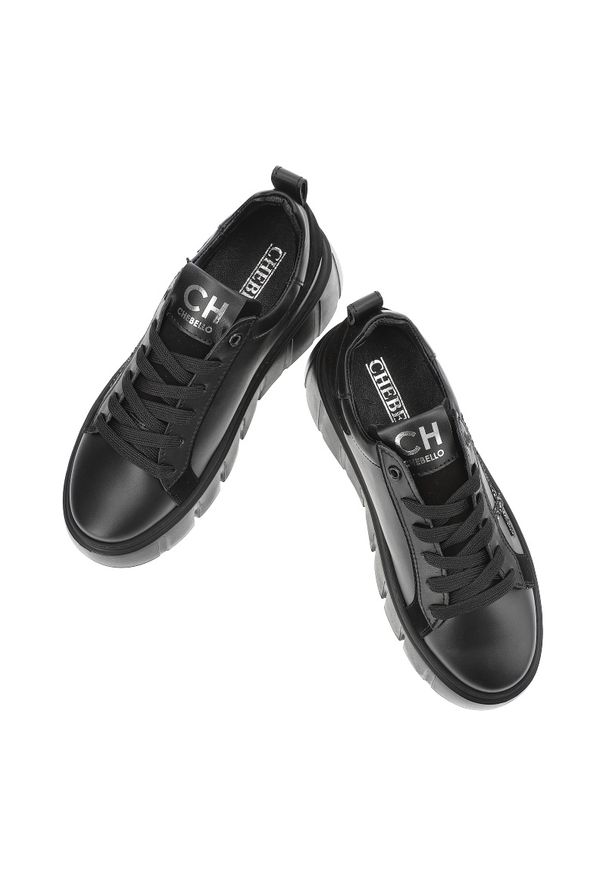CheBello - Czarne Sneakersy Chebello Modne Obuwie Damskie Ze Skóry Naturalnej. Okazja: na co dzień. Kolor: czarny. Materiał: skóra. Styl: casual, klasyczny