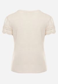 Renee - Beżowy T-shirt z Bawełny z Rękawami z Koronki Hycis. Kolor: beżowy. Materiał: bawełna, koronka. Wzór: koronka #8