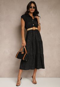 Renee - Czarna Sukienka z Guzikami i Paskiem z Plecionki Fillona. Okazja: na co dzień. Kolor: czarny. Materiał: skóra. Typ sukienki: rozkloszowane. Styl: klasyczny, casual #3