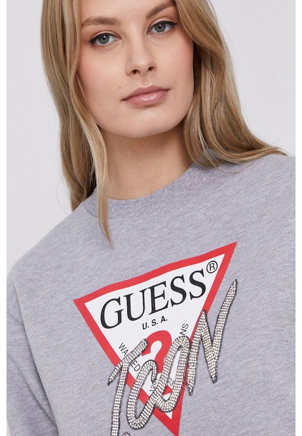 Guess - Bluza. Okazja: na co dzień. Kolor: szary. Materiał: dzianina. Długość rękawa: długi rękaw. Długość: długie. Wzór: aplikacja. Styl: casual